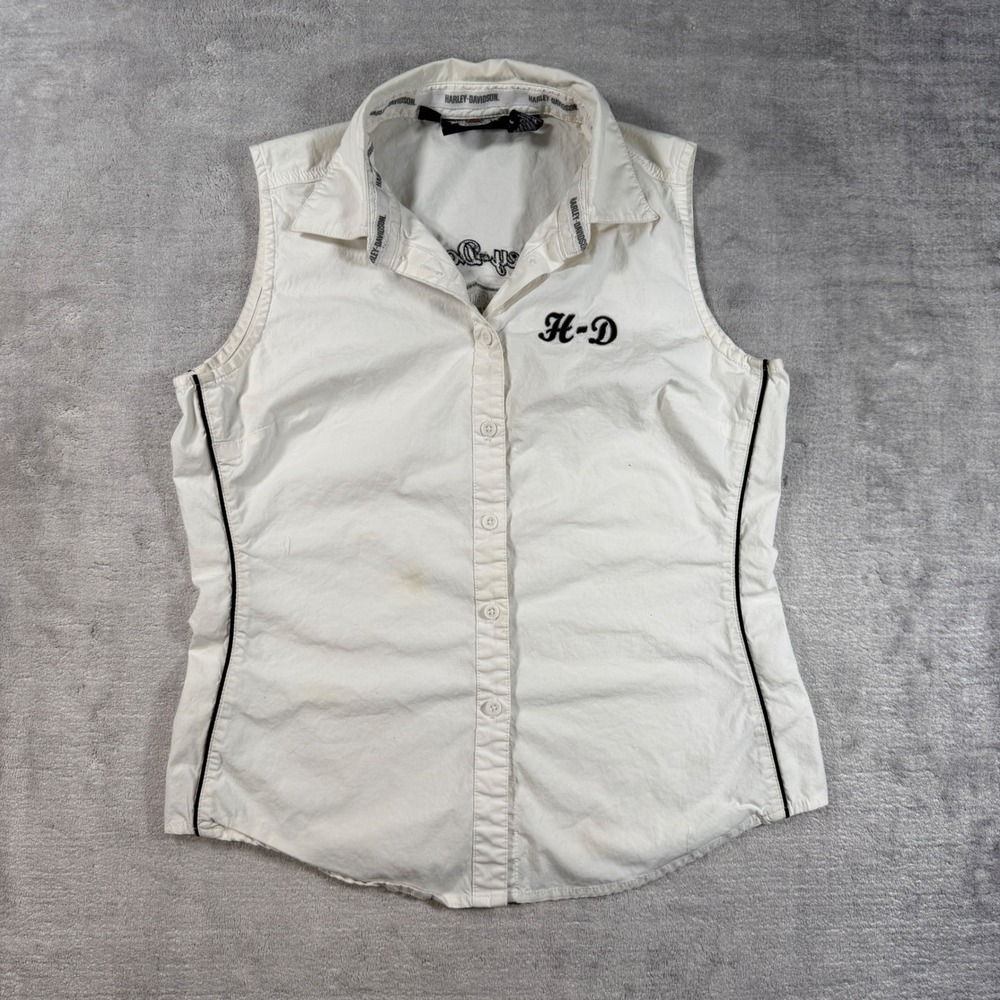 Harley Davidson Shirt Womens Medium White Embroidered Logo Sleeveless Biker